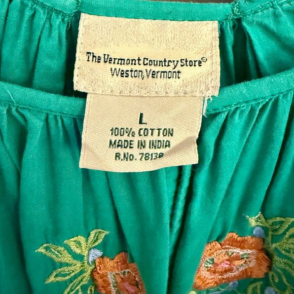 The Vermont Country Store Dress L Green Embroidered Floral Cotton Gauze Peasant - Picture 3 of 8